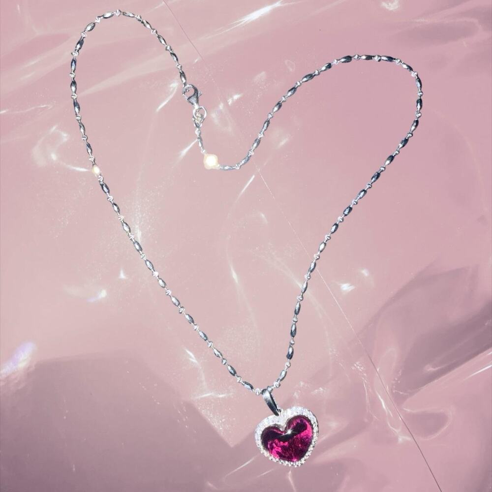 Y2K Fairycore Pink heart  halo pendant sparkling necklace 925 Sterling Silver